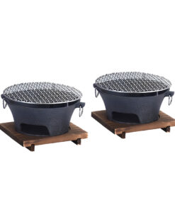 1-SOGA 2X Small Cast Iron Round Stove Charcoal Table Net Grill Japanese Style BBQ Picnic Camping with Wooden Board