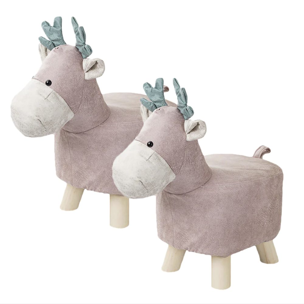 1-SOGA 2X Pink Children Bench Deer Character Round Ottoman Stool Soft Small Comfy Seat Home Decor