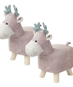 1-SOGA 2X Pink Children Bench Deer Character Round Ottoman Stool Soft Small Comfy Seat Home Decor