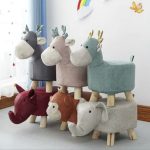 4-SOGA 2X Pink Children Bench Deer Character Round Ottoman Stool Soft Small Comfy Seat Home Decor