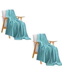 1-SOGA 2X Sky Blue Throw Blanket Warm Cozy Striped Pattern Thin Flannel Coverlet Fleece Bed Sofa Comforter