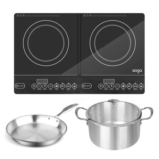 1-SOGA Dual Burners Cooktop Stove 28cm Stainless Steel Induction Casserole and 28cm Fry Pan