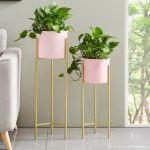 7-SOGA 2 Layer 42cm Gold Metal Plant Stand with Pink Flower Pot Holder Corner Shelving Rack Indoor Display