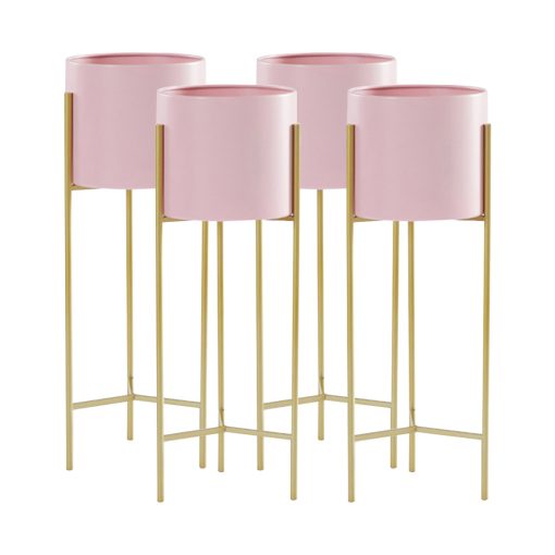 1-SOGA 4X 2 Layer 42cm Gold Metal Plant Stand with Pink Flower Pot Holder Corner Shelving Rack Indoor Display