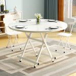 2-SOGA White Dining Table Portable Round Surface Space Saving Folding Desk Home Decor