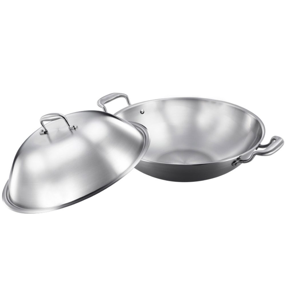 1-SOGA 3-Ply 38cm Stainless Steel Double Handle Wok Frying Fry Pan Skillet with Lid