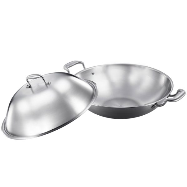 1-SOGA 3-Ply 38cm Stainless Steel Double Handle Wok Frying Fry Pan Skillet with Lid