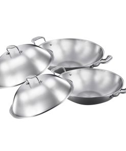 1-SOGA 2X 3-Ply 38cm Stainless Steel Double Handle Wok Frying Fry Pan Skillet with Lid