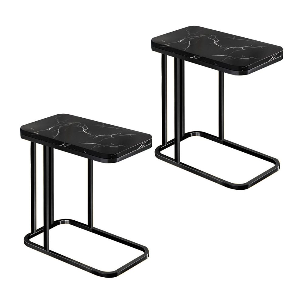 1-SOGA 2X 30x50cm Black Ceramic Sofa Side Square Mini Table w/ Black Metal Legs