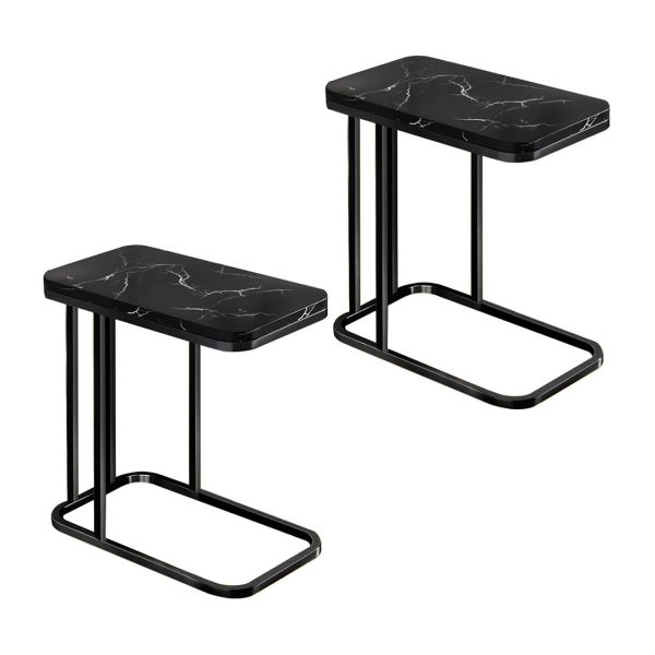 1-SOGA 2X 30x50cm Black Ceramic Sofa Side Square Mini Table w/ Black Metal Legs