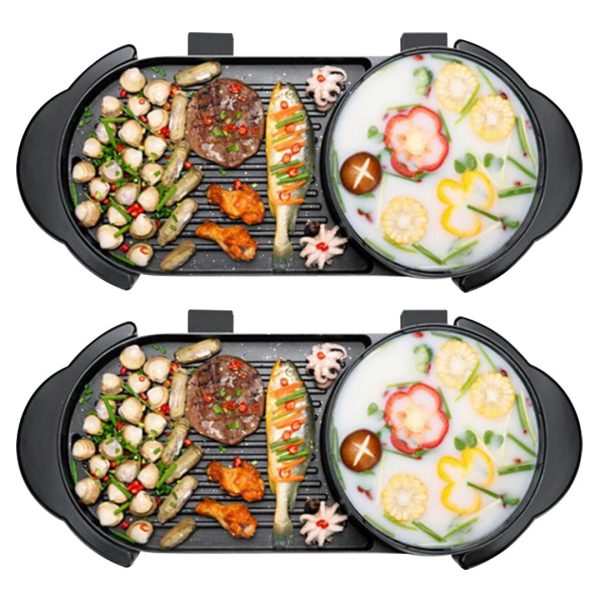 1-SOGA 2X 2  in 1 Electric Non-Stick BBQ Teppanyaki Grill Plate Steamboat Hotpot 2-8 Person