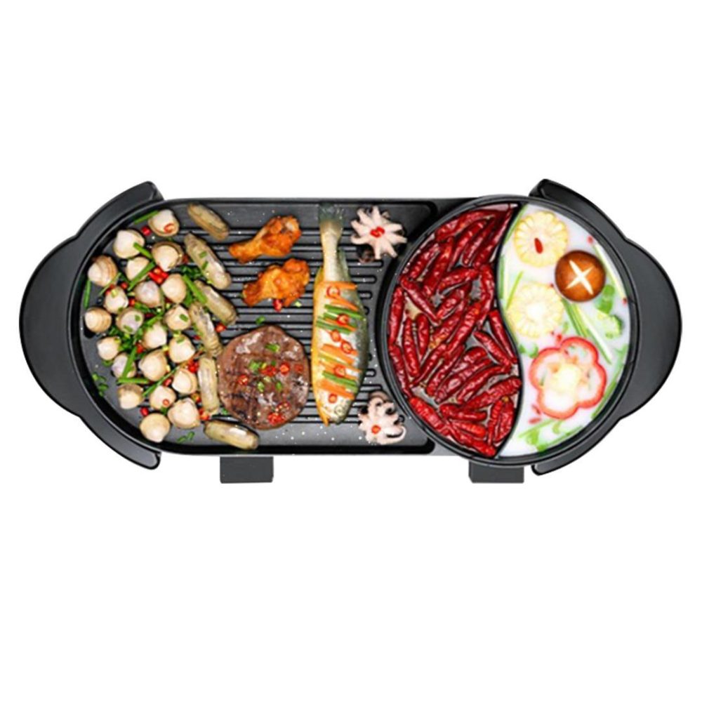 1-SOGA 2 in 1 Electric Non-Stick BBQ Teppanyaki Grill Plate Steamboat Hotpot 2-8 Person