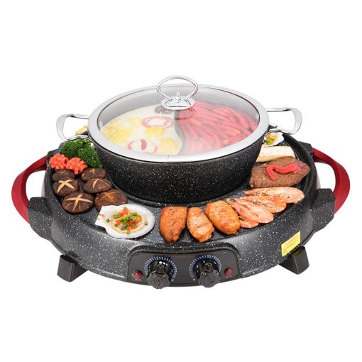 1-SOGA 2 in 1 Electric Stone Coated Grill Plate Steamboat Two Division Hotpot