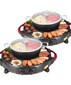 1-SOGA 2X 2  in 1 Electric Stone Coated Grill Plate Steamboat Two Division Hotpot
