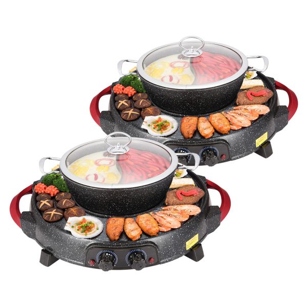 1-SOGA 2X 2  in 1 Electric Stone Coated Grill Plate Steamboat Two Division Hotpot