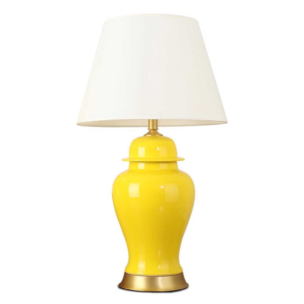 1-SOGA Oval Ceramic Table Lamp with Gold Metal Base Desk Lamp Yellow