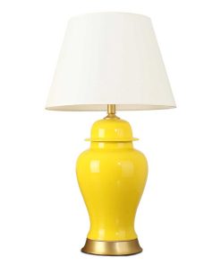 1-SOGA Oval Ceramic Table Lamp with Gold Metal Base Desk Lamp Yellow