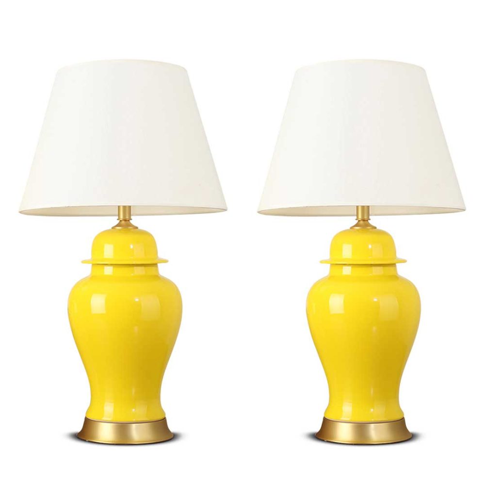 1-SOGA 2X Oval Ceramic Table Lamp with Gold Metal Base Desk Lamp Yellow