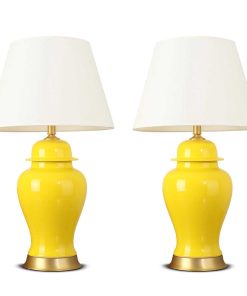 1-SOGA 2X Oval Ceramic Table Lamp with Gold Metal Base Desk Lamp Yellow