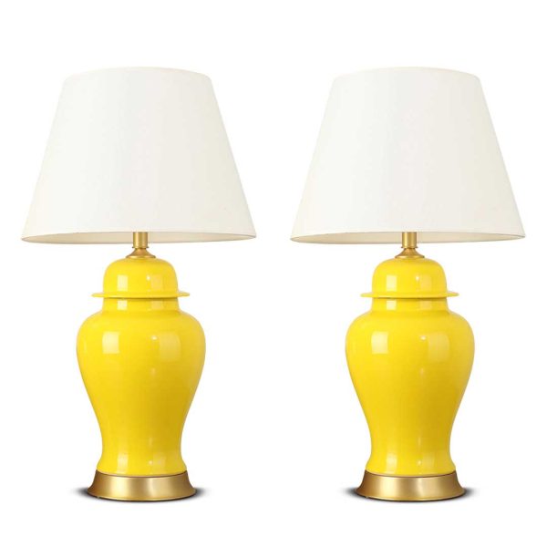 1-SOGA 2X Oval Ceramic Table Lamp with Gold Metal Base Desk Lamp Yellow