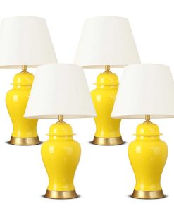 1-SOGA 4X Oval Ceramic Table Lamp with Gold Metal Base Desk Lamp Yellow