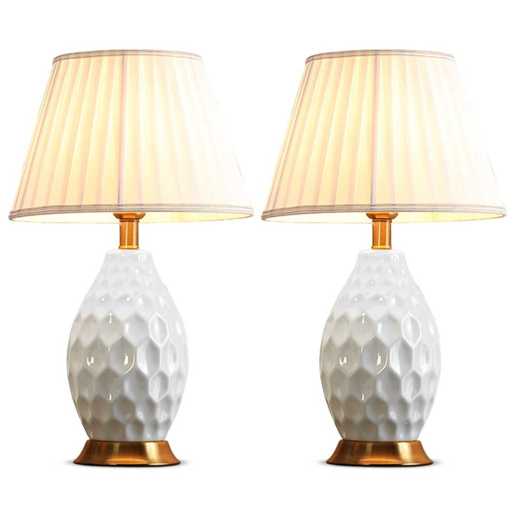 1-SOGA 2X Textured Ceramic Oval Table Lamp with Gold Metal Base White