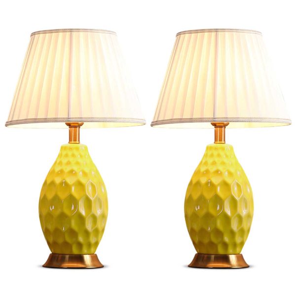1-SOGA 2X Textured Ceramic Oval Table Lamp with Gold Metal Base Yellow