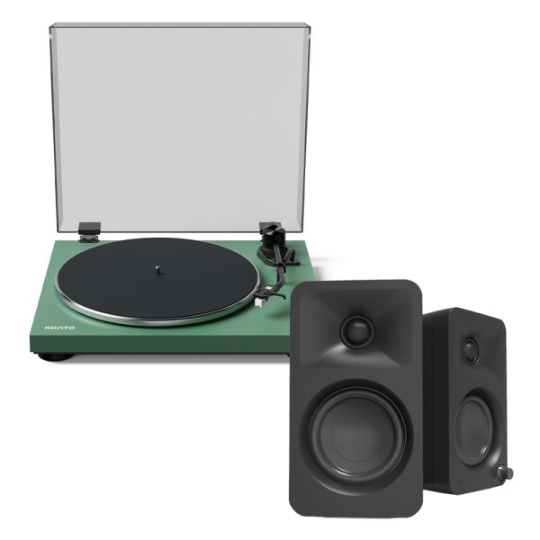 Kanto OBI3 Turntable - Matte Green with Kanto ORA 100W Powered Speakers - Black Bundle