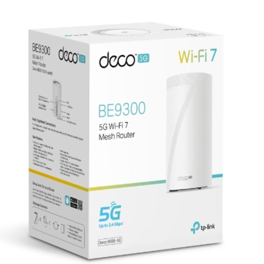 TP-Link Deco BE65-5G(1-pack) 5G BE9300 Tri-Band Whole Home Mesh Wi-Fi 7 Gateway (WIFI7) 574 Mbps at 2.4 GHz + 2880 Mbps at 5 GHz + 5760 Mbps at 6 GHz Network - Consumer