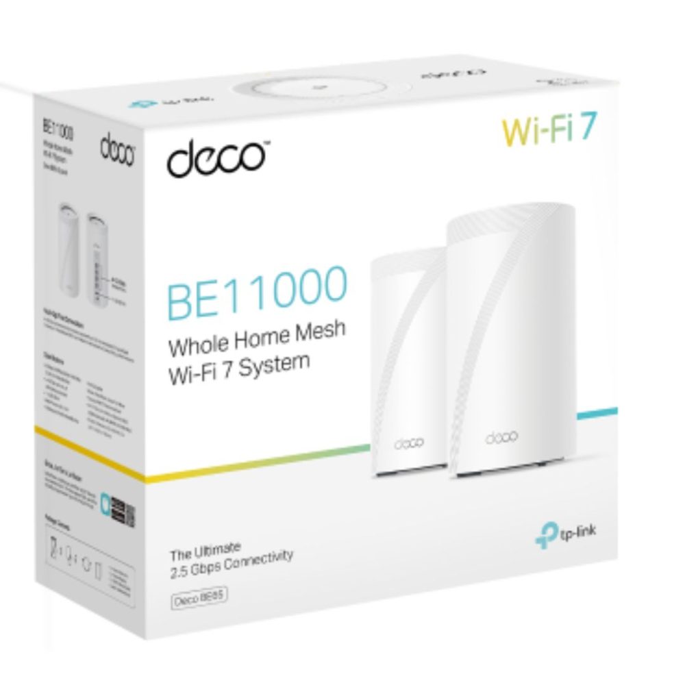 TP-Link Deco BE65(2-pack) BE11000 Whole Home Mesh Wi-Fi 7 System (WIFI7) 574 Mbps at 2.4 GHz + 4320 Mbps at 5 GHz + 5760 Mbps at 6 GHz Network - Consumer