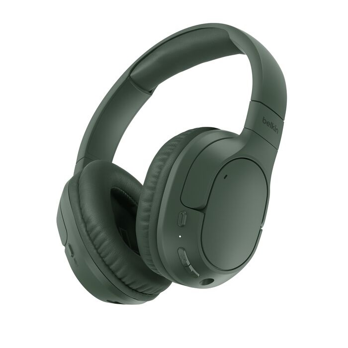 Belkin SoundForm Surround Wireless Over-The-Ear Headphones + USB-C Cable (1.2M) + Audio Cable (3.5mm) (1.2M) - Olive (AUD009FQOL) Speakers