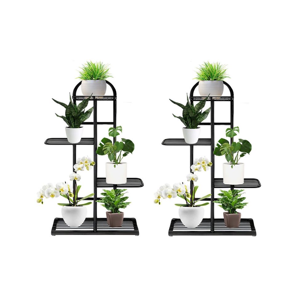 1-SOGA 2X 5 Tier 6 Pots Black Metal Plant Stand Flowerpot Display Shelf Rack Indoor Home Office Decor