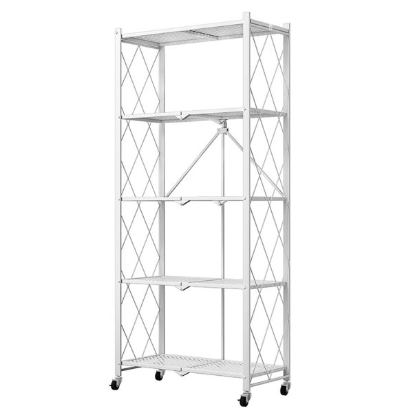 1-SOGA 5 Tier Steel White Foldable Kitchen Cart Multi-Functional Shelves Portable Storage Organizer with Wheels
