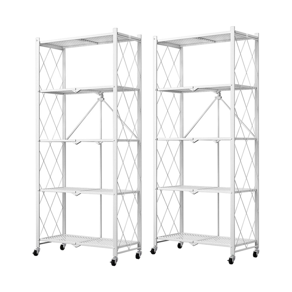 1-SOGA 2X 5 Tier Steel White Foldable Kitchen Cart Multi-Functional Shelves Portable Storage Organizer with Wheels