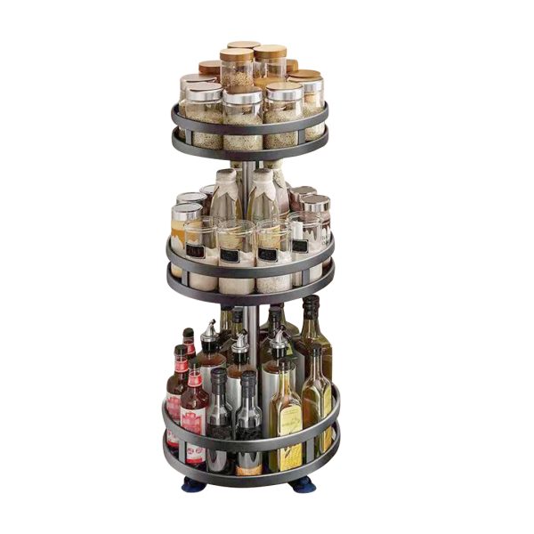 1-SOGA 3 Tier Steel Black Round Rotating Multi-Function Kitchen Portable Storage Spice Seasoning Kitchen Countertop Organiser Shelf