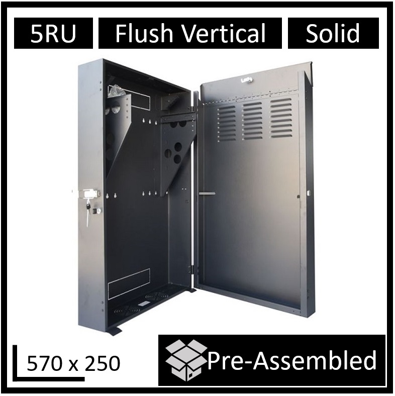 LDR Assembled 5U Flush Wall Mount Vertical Cabinet (570mm x 250mm) - 4U Rack For Gear & 2U Mount For Patch Panels - Black Metal Construction Data Racks & Accessories
