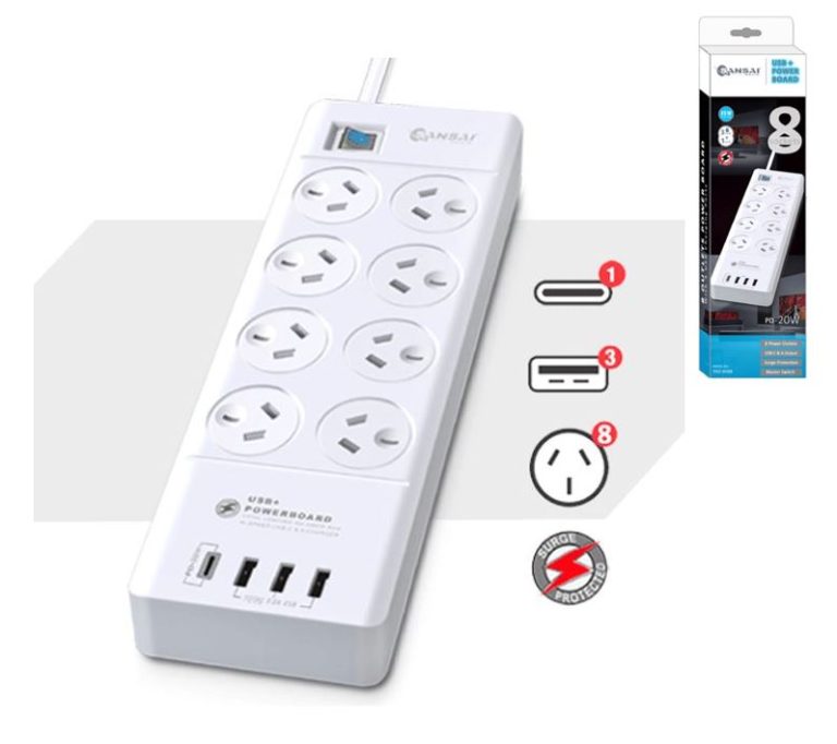 Sansai 8 Outlet 3*USB-A & 1*USB-C Powerboard Master On/Off switch Surge ...
