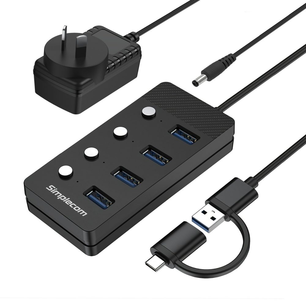 Simplecom CH345C SuperSpeed USB-A and USB-C to 4-Port USB 3.0 Hub 5Gbps Individual Switches and Power Adapter USB
