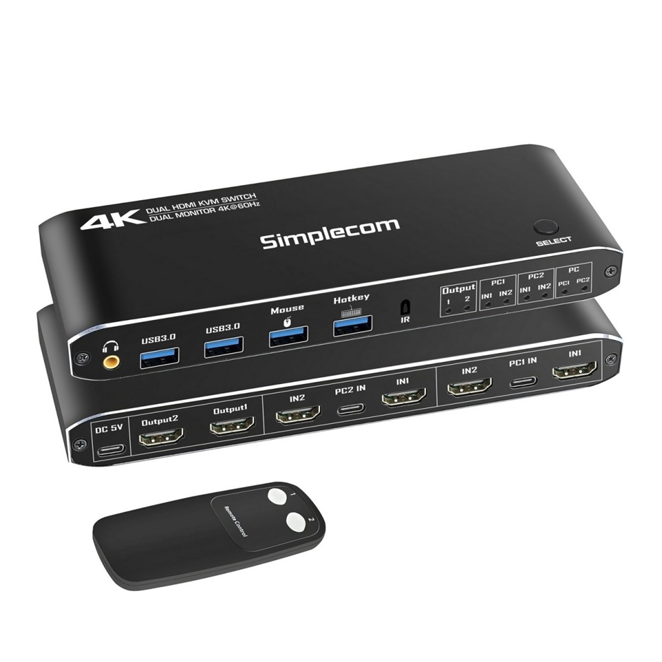 Simplecom KM430 Dual HDMI Monitor KVM Switch for 2 Computers with 4-Port USB Hub 4K@60Hz Keyboard Hotkey Notebook Accessories