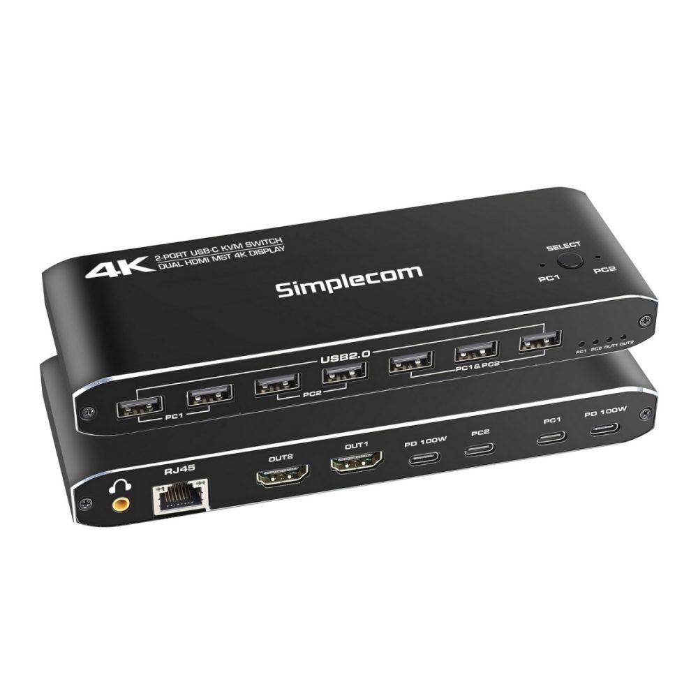Simplecom KM590 2-Port USB-C Dual 4K HDMI Monitor KVM Switch and Docking Station with Network Sharing Notebook Accessories