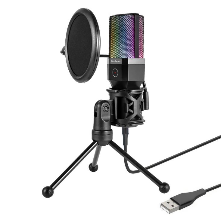 Simplecom UM650 USB Cardioid Condenser Microphone Gaming RGB Lights with Tripod & Pop Filter Speakers