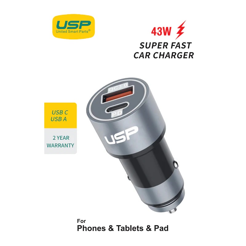 USP 43W Dual Port (USB-C 25W PD + USB-A 18W QC3.0) Fast Car Charger Silver - Dual USB Quick Charge Car Accessories