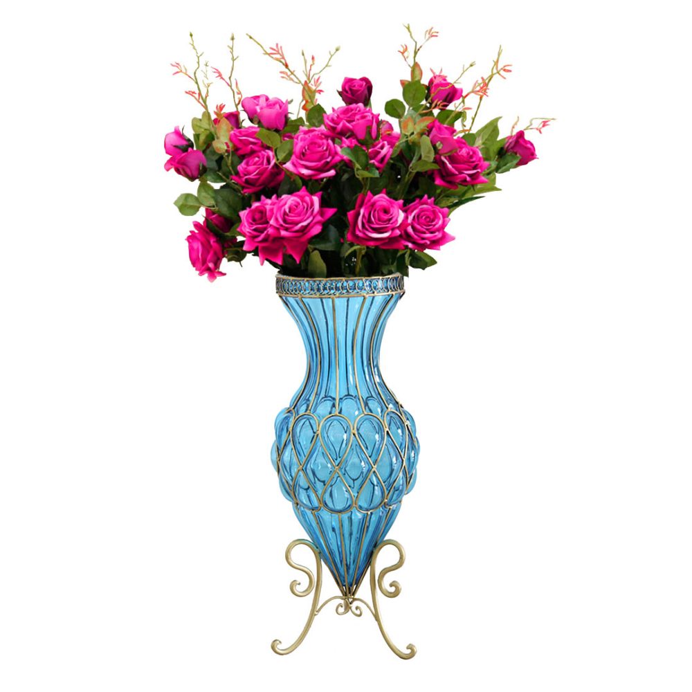 1-SOGA 67cm Blue Glass Tall Floor Vase and 12pcs Dark Pink Artificial Fake Flower Set
