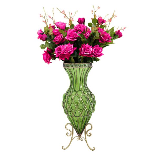 1-SOGA 67cm Green Glass Tall Floor Vase and 12pcs Dark Pink Artificial Fake Flower Set