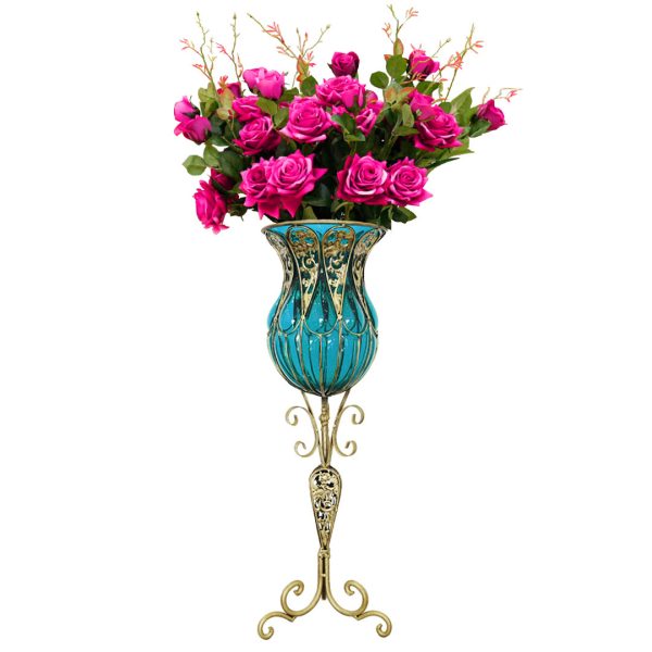1-SOGA 85cm Blue Glass Tall Floor Vase and 12pcs Dark Pink Artificial Fake Flower Set