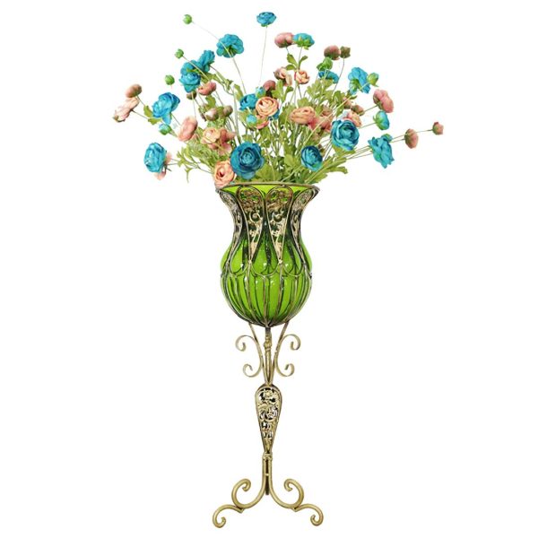 1-SOGA 85cm Green Glass Tall Floor Vase and 12pcs Blue Artificial Fake Flower Set