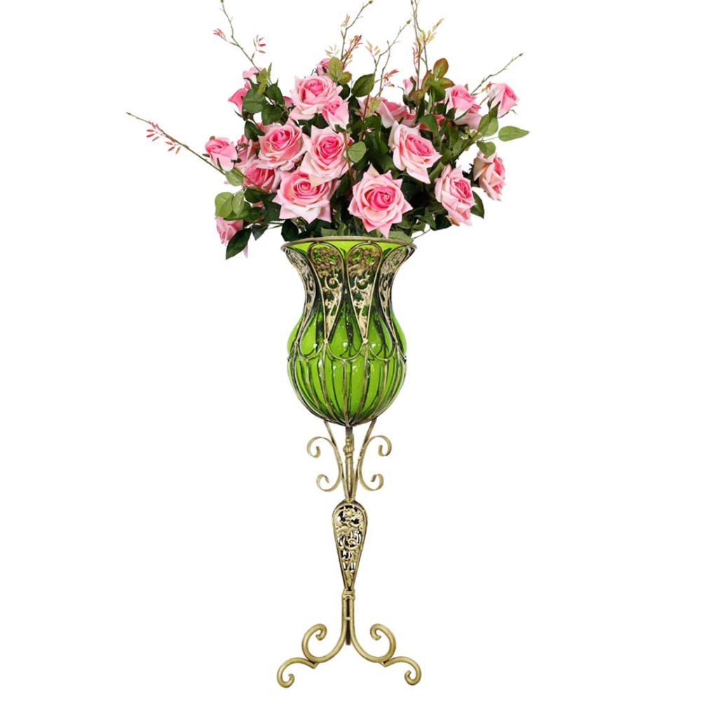 1-SOGA 85cm Green Glass Tall Floor Vase and 12pcs Pink Artificial Fake Flower Set