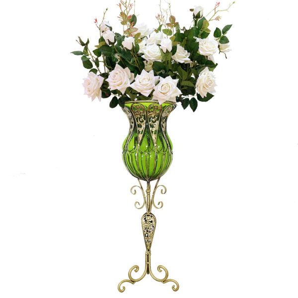 1-SOGA 85cm Green Glass Tall Floor Vase and 12pcs White Artificial Fake Flower Set