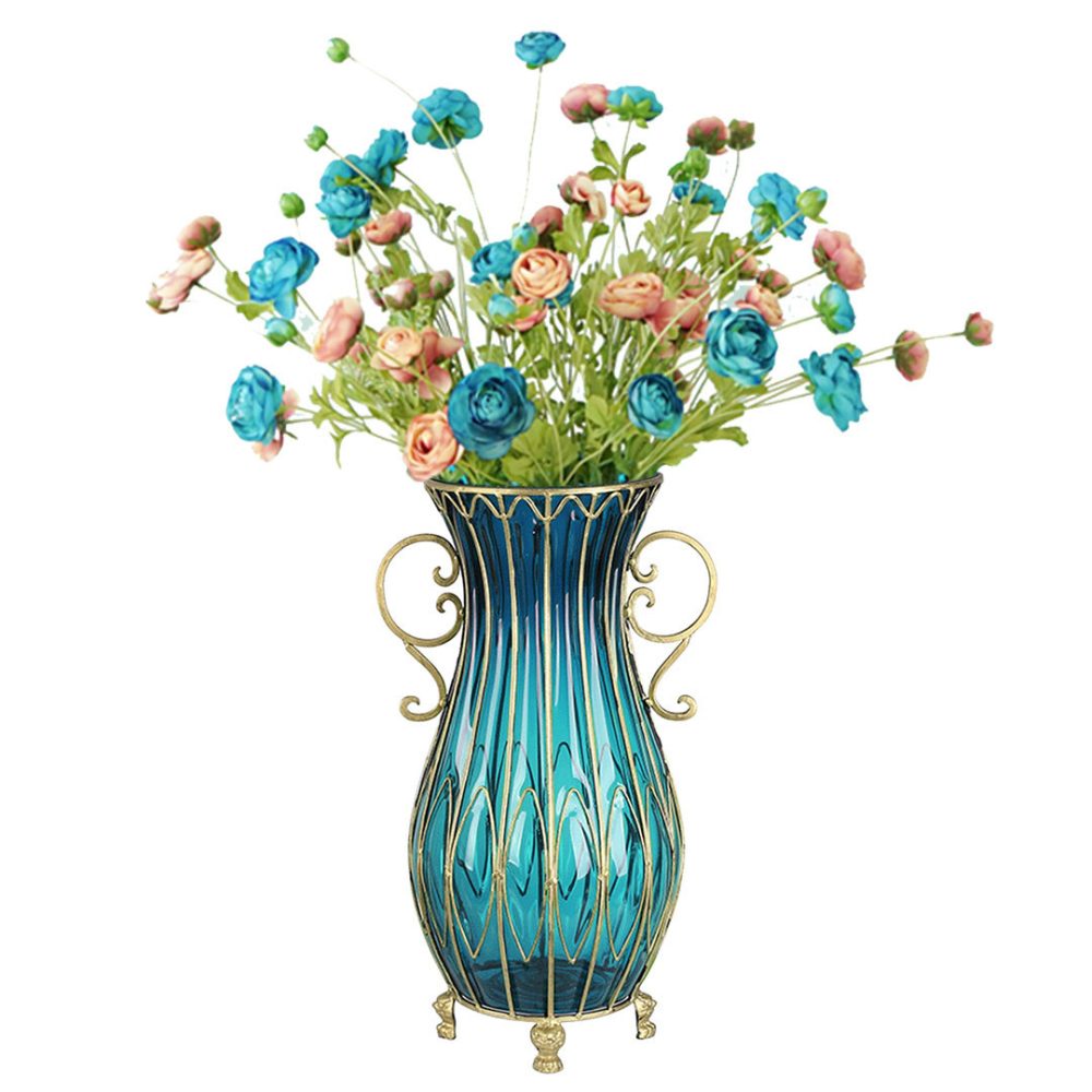 1-SOGA 51cm Blue Glass Tall Floor Vase with 12pcs Artificial Fake Flower Set