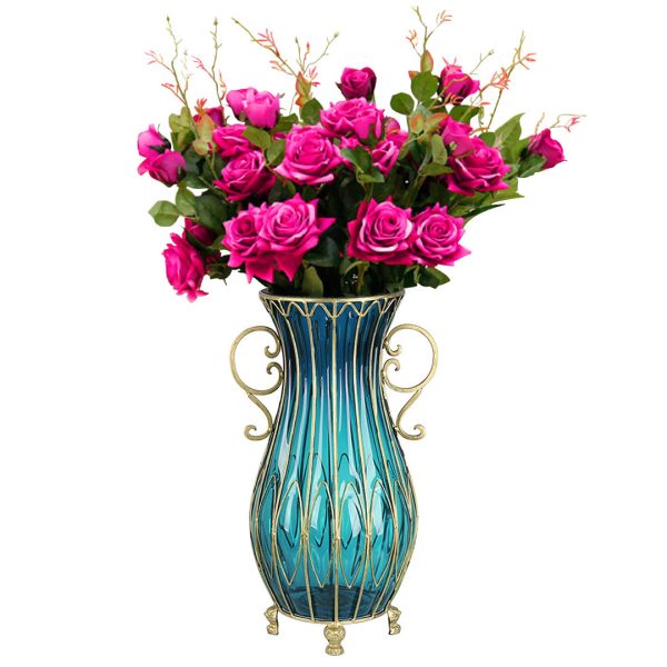1-SOGA 51cm Blue Glass Tall Floor Vase with 12pcs Artificial Fake Flower Set